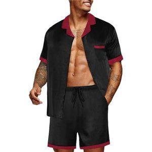 Men Satin Silk Pajamas Set with Pockets Black